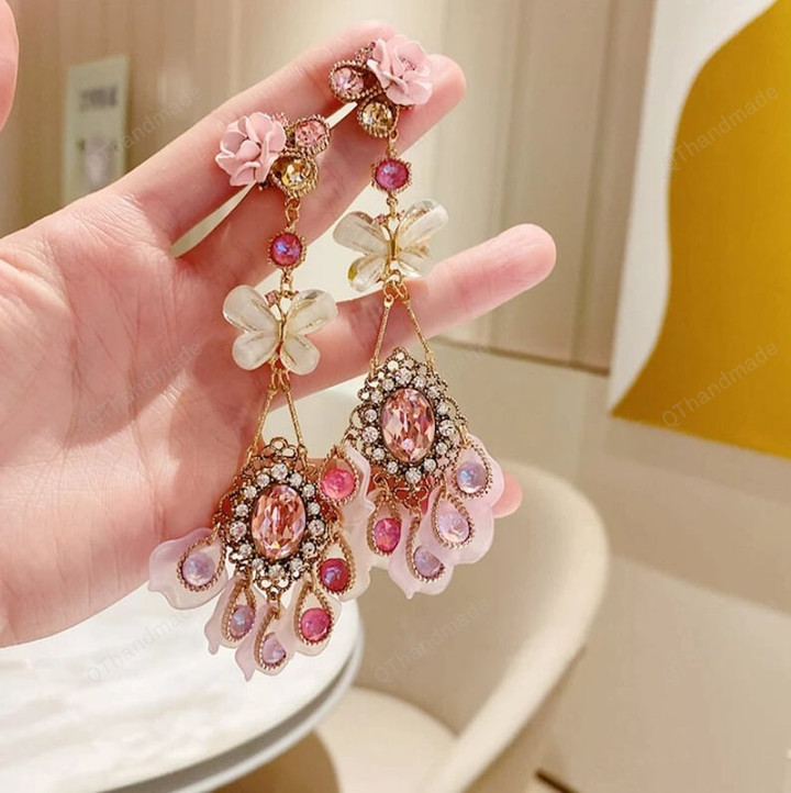 Luxury Butterfly Flower Crystal Long Drop Earrings For Women Waterdrop Party Pendientes Jewelry Gifts,Fairy Cottagecore Jewelry Accessories