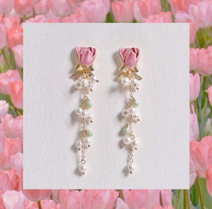 Summer Trendy Pink Flower Dangle Earrings For Women Girls Elegant Pearl Tassel Pendientes Jewelry Gifts/Bestie Gifts/Fairy jewelry/BFF Gifts