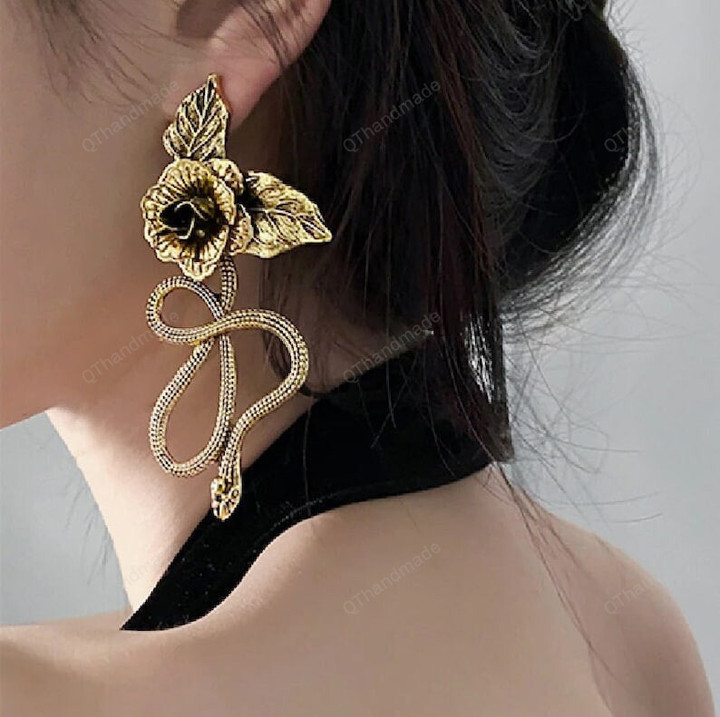 Goth Snake And Rose Big Statement Stud Earrings Vintage Punk Oversized Flower Long Earrings y2k jewelry/Bestie Gifts/Fairy jewelry/BFF Gifts