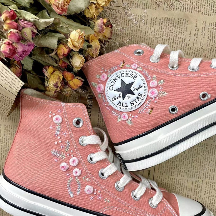 Custom Floral Embroidery Converse, Custom Name Embroidery Flowers Leaf Converse, Custom Chuck Taylor 70 Embroidered Flowers