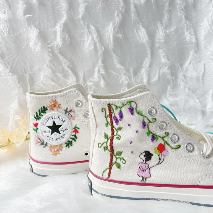 Custom Converse Chuck Taylor 1970s Floral Butterfly Embroidery Shoes, Embroidery Butterfly Flowers Leaf Shoes, Custom Name Converse Shoes, Embroidered Flowers Converse Shoes