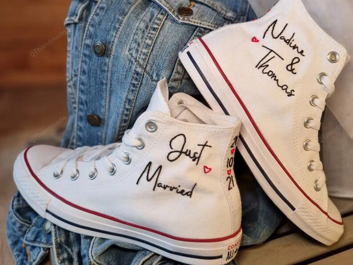 Embroidered Wedding Converse 1970s Shoes- Wedding Embroidered Love Hearts Shoes - Custom Embroidered Floral Converse- Bridal Flowers Embroidered Sneakers