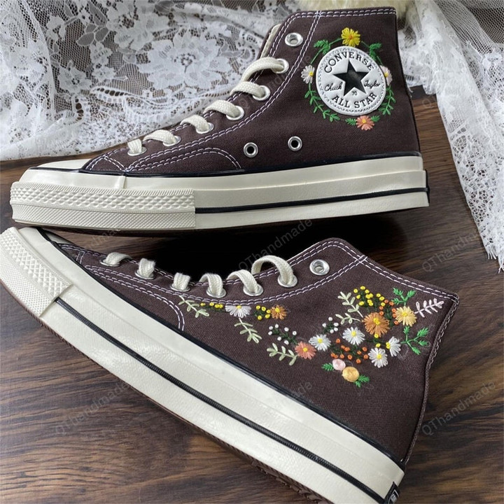 Converse Embroider High Neck Floral Sneakers - Custom Embroidery Floral for Bride - Embroidered Wedding Flowers Converse 1970s Shoes