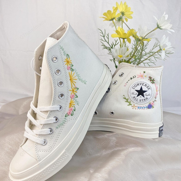 Custom Embroidery Floral for Bride Converse Sneakers - Embroidered Wedding Flowers Converse 1970s Shoes - Custom Embroidery Floral for Bride