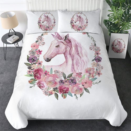 Pink Flower Unicorn Duvet Cover Set
