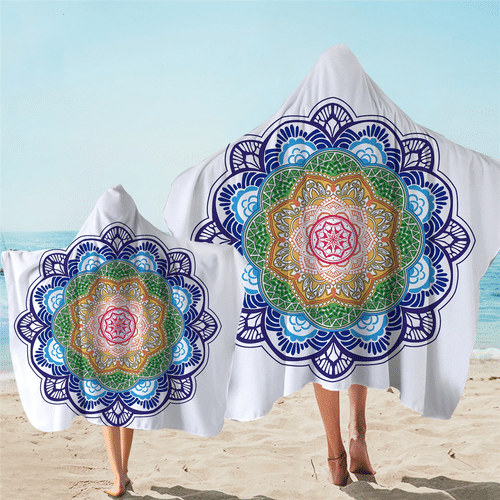 Colorful Mandala Pattern Wearable White Microfiber Hooded Towel