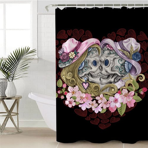 Flora Skull Couples Waterproof Bath Shower Curtain With Hooks