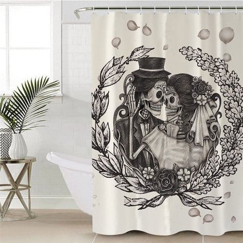 Black White Married Skull Couples Waterproof Bath Shower Curtain With Hooks