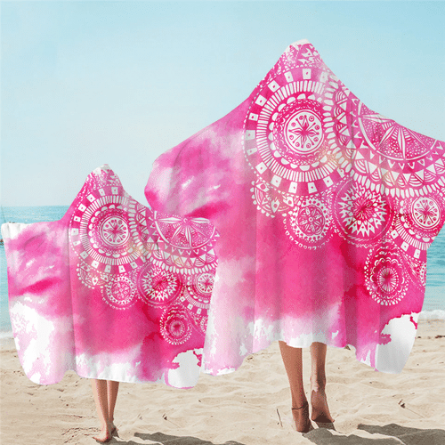 Mandala Circles Pattern Wearable Pink Microfiber Hooded Towel