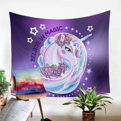 Believe In Magic Unicorn Floral Microfiber Tapestry Wall Hanging Home Decoration