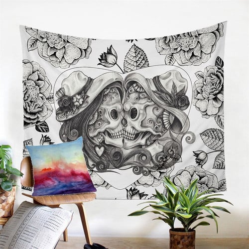 Black White Gothic Skull Couple Floral Tapestry Wall Hanging Home Decoration