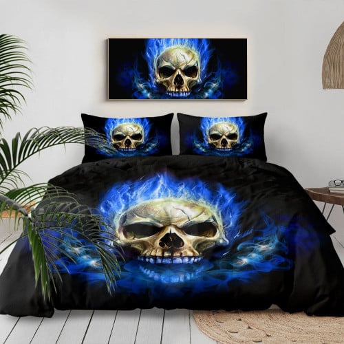 Blue Flame Skull Duvet Cover Set