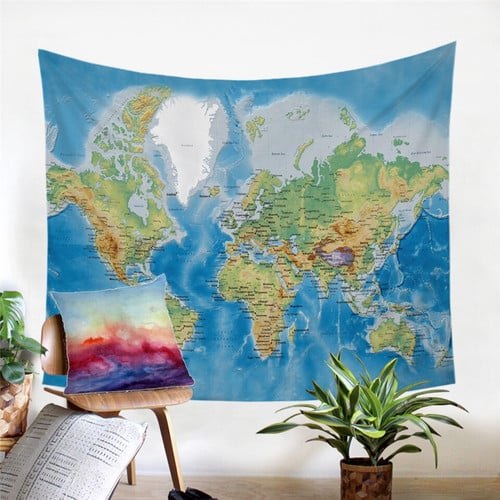 Blue World Map Tapestry Wall Hanging Home Decoration
