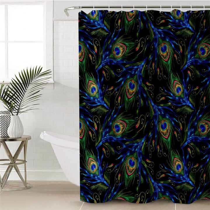 Peacock Feather Waterproof Bath Shower Curtain With Hooks