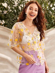 Women Stereo Flower Embroidered Mesh Ruffle Trim Blouse