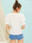 Ruffle Trim Puff Sleeve Embroidery Eyelet Top