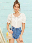 Ruffle Trim Puff Sleeve Embroidery Eyelet Top