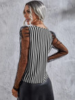 Women Striped Print Contrast Sequin Mesh Sleeve Notched Neck Blouse