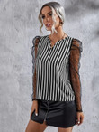 Women Striped Print Contrast Sequin Mesh Sleeve Notched Neck Blouse