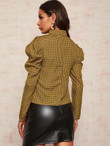 Women Houndstooth Pattern Puff Sleeve Blouse
