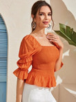 Women Neon Orange Flounce Sleeve Shirred Blouse