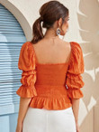Women Neon Orange Flounce Sleeve Shirred Blouse