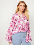 Plus Tie Neck Exaggerated Bell Sleeve Floral Print Blouse