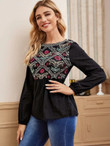 Women Floral Embroidered Ruffle Hem Blouse