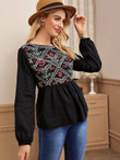 Women Floral Embroidered Ruffle Hem Blouse
