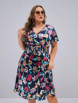 Women Plus Floral Print Surplice Neck Shirred Dress