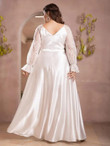 Women Plus Contrast Embroidered Mesh Flounce Sleeve Satin Prom Dress