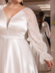 Women Plus Contrast Embroidered Mesh Flounce Sleeve Satin Prom Dress