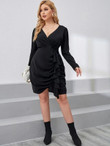Women Plus Overlap Collar Ruched Draped Side Dress