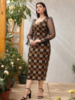 Women Plus Plaid Leopard Print Contrast Dobby Mesh Flounce Sleeve Slit Back Bodycon Dress