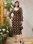 Women Plus Plaid Leopard Print Contrast Dobby Mesh Flounce Sleeve Slit Back Bodycon Dress