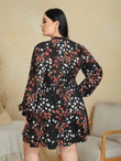Women Plus Floral & Polka Dot Print Frilled Neck Shirred Ruffle Hem Dress
