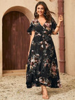 Women Plus Ditsy Floral Belted Ruffle Wrap A-line Dress