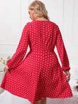 Women Plus Polka Dot Lantern Sleeve Ruffle Trim Dress