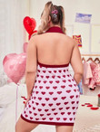 Women Plus Heart Print Fake Button Backless Halter Dress