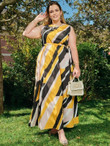 Women Plus Color Block Geo Belted Maxi Dress