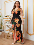 Women Plus Floral Print Split Thigh Bodycon Dress