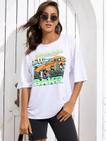 Women Car And Letter Graphic Oversized Tee