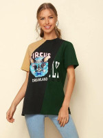 Women Dog and Letter Graphic Colorblock Longline Tee