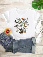 Women Butterfly And Plants Print Tee