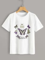 Women Butterfly & Letter Graphic Tee