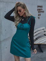 Women Lettuce Trim Tee With Knot Front Cami Dress