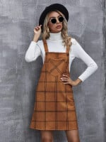 Women Pocket Patched Plaid Overall Dress