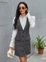 Women Button Front Flap Pocket Houndstooth Pinafore Dress