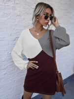 Women Drop Shoulder Colorblock Waffle Knit Dress