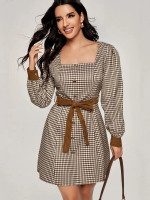 Women Plaid Square Neck Button Front Belted Dress